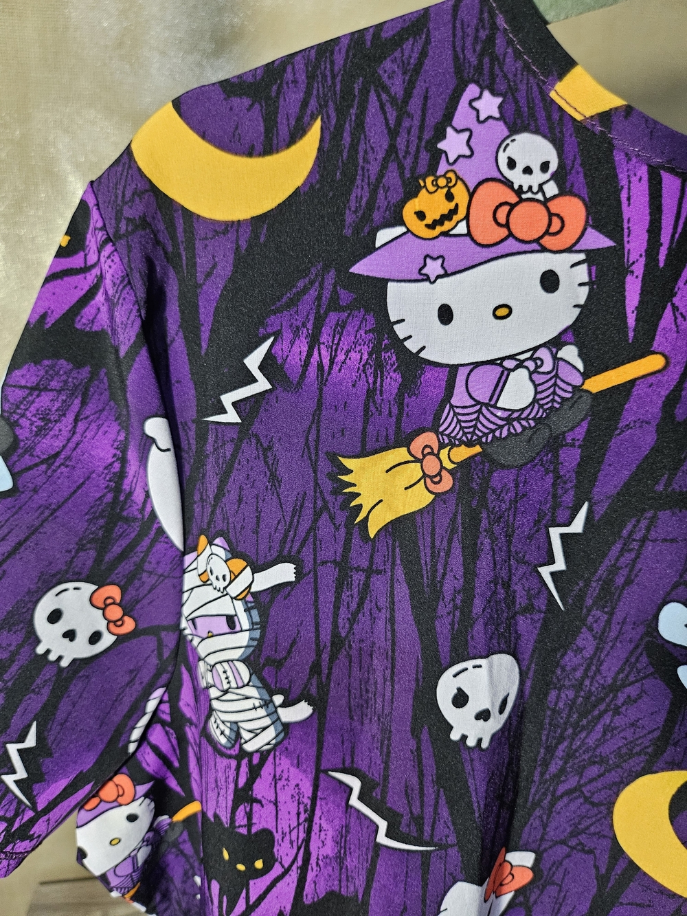 Scrubstar Sanrio Hello Kitty Halloween Night Forest V-Neck Scrub Top Purple - Picture 6 of 7